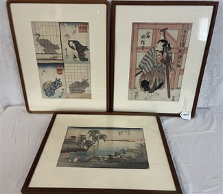 4 Framed Oriental Hand Colored Prints 17 x 21 -
