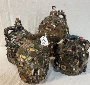 4 folk art Whimsically Designed Mosaic Jugs