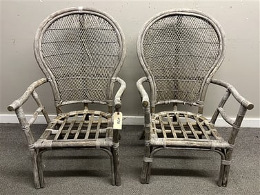 Pr. of Nicely Weathered Wood and Woven Chairs