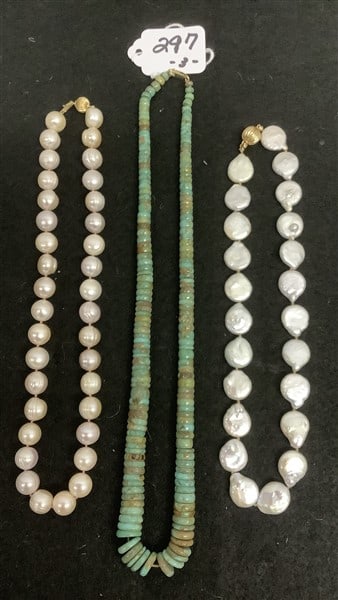 3 Necklaces with 14k Clasps - Turquoise Coin Pearls and White Pearls: 3 Necklaces with 14k Clasps - Turquoise Coin Pearls and White Pearls