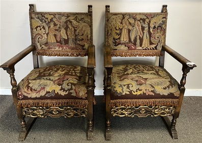 Pr. of Carved Walnut 19th Cent. Needlepoint Arm Chairs