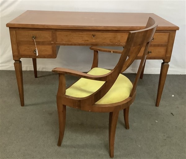 Inlaid Satinwood Writing Desk and Chair 29" x 55" x 32"h - 100 lbs: Inlaid Satinwood Writing Desk and Chair 29" x 55" x 32"h - 100 lbs