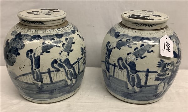 Pr. of Blue and White Porcelain Jars Sgnd. Kossowski - 9" diam x 10"h - 15 lbs: Pr. of Blue and White Porcelain Jars Sgnd. Kossowski - 9" diam x 10"h - 15 lbs