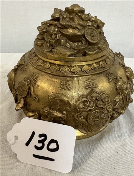 Chinese Crow Gild Bronze Jar - 5" diam x 5"h 2.5" lbs: Chinese Crow Gild Bronze Jar - 5" diam x 5"h 2.5" lbs