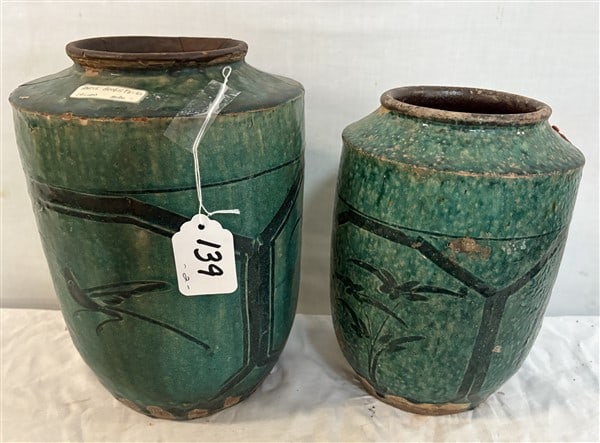 2 Antique Glazed Terra Cotta Pots - 10" and 11.5"h Approx 10 lbs total (1 of 5)