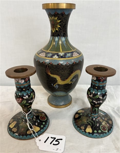 3 Pcs. of Cloisonne' - Candlesticks - 5" Vase - 9" - 2 lbs overall: 3 Pcs. of Cloisonne' - Candlesticks - 5" Vase - 9" - 2 lbs overall