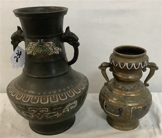2 Bronze Champleve' Pots - 8.5" and 12"h 6 lbs