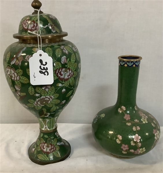 2 pc. Lot of Green Cloisonne' - 8" and 12" 4 lbs: 2 pc. Lot of Green Cloisonne' - 8" and 12" 4 lbs