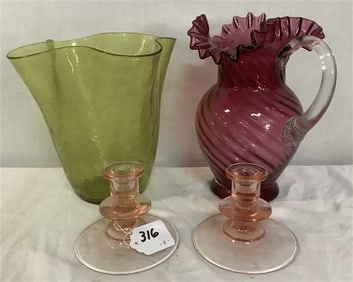 4 Pcs. of Decorative Glass - Candlesticks 4" Vases 10"h - 6 lbs