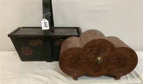 2 Wooden Oriental Boxes - 8 lbs overall 8" x 5" x 15" / 6" x 8" x 13"