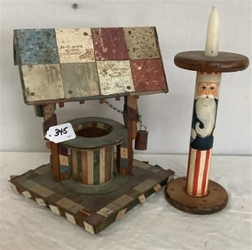 Folk Art Wishing Well and 12" Uncle Sam Candlestick - 7 lbs