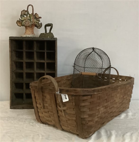 5 Pc Lot of 100 Year Old Country Items Basket 28" x 17" x 11": 5 Pc Lot of 100 Year Old Country Items Basket 28" x 17" x 11"