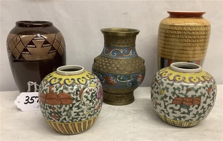 6" Champleve' Pot and 4 Porcelains 4.5" - 7.5" - 4 lbs
