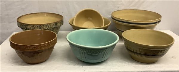 7 Yellow Ware Bowls - largest 11.5" diam 25 lbs