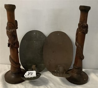 Pr. of 14" Carved Wooden Candlesticks Pr of Early Tole Sconces - 3 lbs