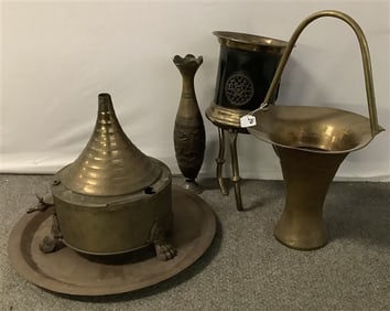 5 Large items in Brass, Handled Basket - 24"h 40 lbs total