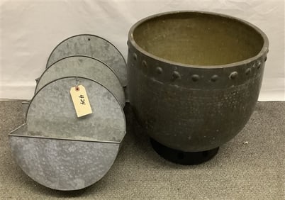 16" Brass Pot & 3 Galvanized Planters brass pot - 16" diam 10 lbs