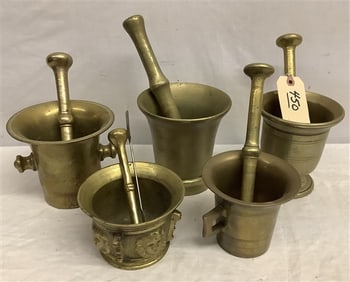 5 Exceptional Brass Mortar & pestles ca 1890 and 1900 - 50 lbs