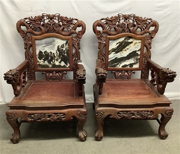 Pr. of Heavily Carved Chinese Armchairs 25"w x 21"d x 41"h - 50+ lbs: Pr. of Heavily Carved Chinese Armchairs 25"w x 21"d x 41"h - 50+ lbs