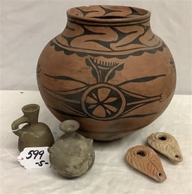 San Ildefonso Pot, 2 Pre-Columbian Artifacts 2 pipes