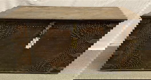 Large Antique Box with Brass Tacking 21" x 44" x 21"h - 75 lbs