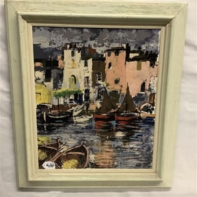 Framed Mid-Cent. Abstract Harbor Scene Signed 26" x 31" - 5 lbs