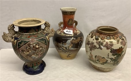 3 large Satsuma Vases and Pot 9", 11", and 13"h - 12 lbs