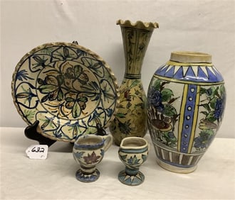 5 Pc. Lot of Persian Pottery approx 9 lbs - Bowl 10.5" diam, Jar 12"h, Vase 14.5"h