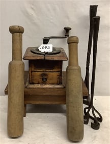 2 Branding Irons, Coffee Mill, Footstool, and 2 Rolling pins - 20 lbs
