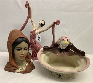 3 Plaster Decorative Objects - 10 lbs total Dancer 16" x 16", Candy Dish 9" x 12", bust 9.5"h