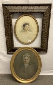 2 Pastel Portraits and Nice Carved Frame 33" x 37" - 40 lbs