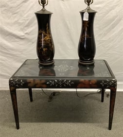 Asian Metal Table and Two 19" lamps Table 16" x 28" x 16"h - 25 lbs