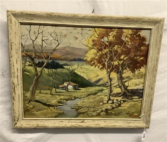 Framed o/c Country Scene Signed 25" x 30" - 2 lbs