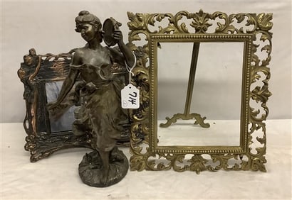 14" Classical Spelter Figure and 2 Brass/Iron Frames - 10 lbs