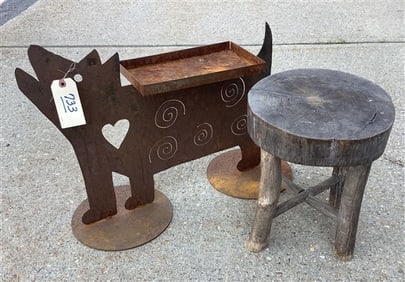 folk Art Metal Planter and Primitive Footstool 15 lbs