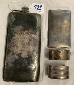 Hand Hammered Flask, Cigarette Case, and 2 Cuffs 2 lbs