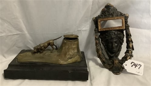 Vintage Bronze Inkwell and Victorian Iron Door Knocker - 10 lbs