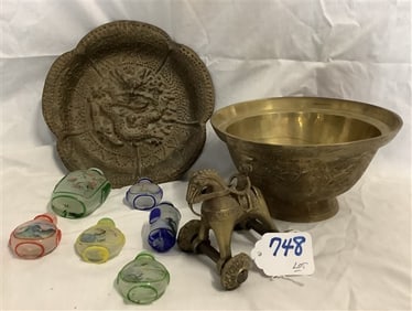 9" Bronze Plaque, Bronze Bowl, Bronze Horse and Scent Bottles