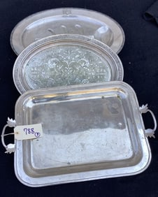 3 Large Silver Plate Trays Approx 24"L - 10 lbs