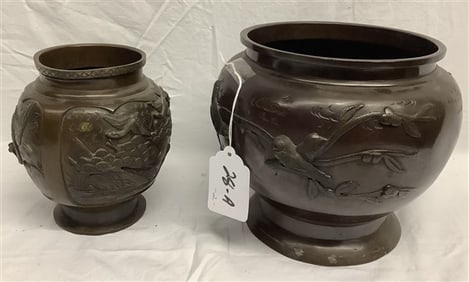 2 Bronze Pots in Relief 7" and 8" - 6lbs
