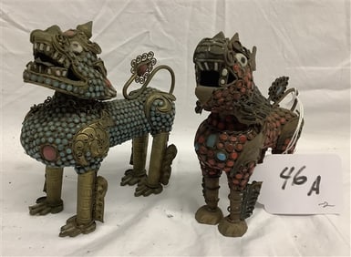 2 Cloisonne' Enameled Foo Dogs 5"h - 1 lb