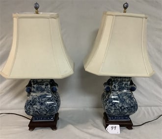 Lovely Pr. of 26" Blue & White Porcelain Lamps 15 lbs