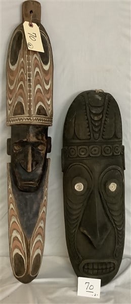 2 Early Carved Wooden Masks 24" and 34" - 10 lbs: 2 Early Carved Wooden Masks 24" and 34" - 10 lbs
