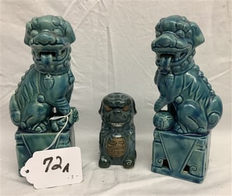 3 Glazed Porcelain Foo Dogs Large pr 8"