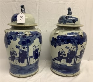 Pr. of 19" Covered Blue and White Chinese Jars 20 lbs
