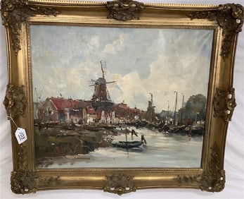 19th Cent o/c Dutch Canal Scene Peter Van Delft - 34" x 39"