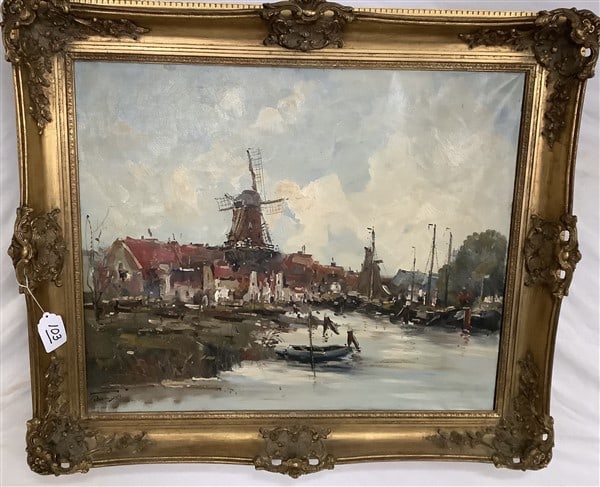 19th Cent o/c Dutch Canal Scene Peter Van Delft - 34" x 39": 19th Cent o/c Dutch Canal Scene Peter Van Delft - 34" x 39"