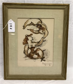 Framed Ink and Watercolor Chaim Gross '53 - 15" x 18"