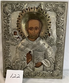 Antique Silver Mounted Icon 10" x 12"