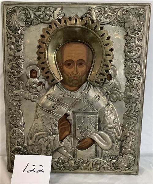 Antique Silver Mounted Icon 10" x 12": Antique Silver Mounted Icon 10" x 12"